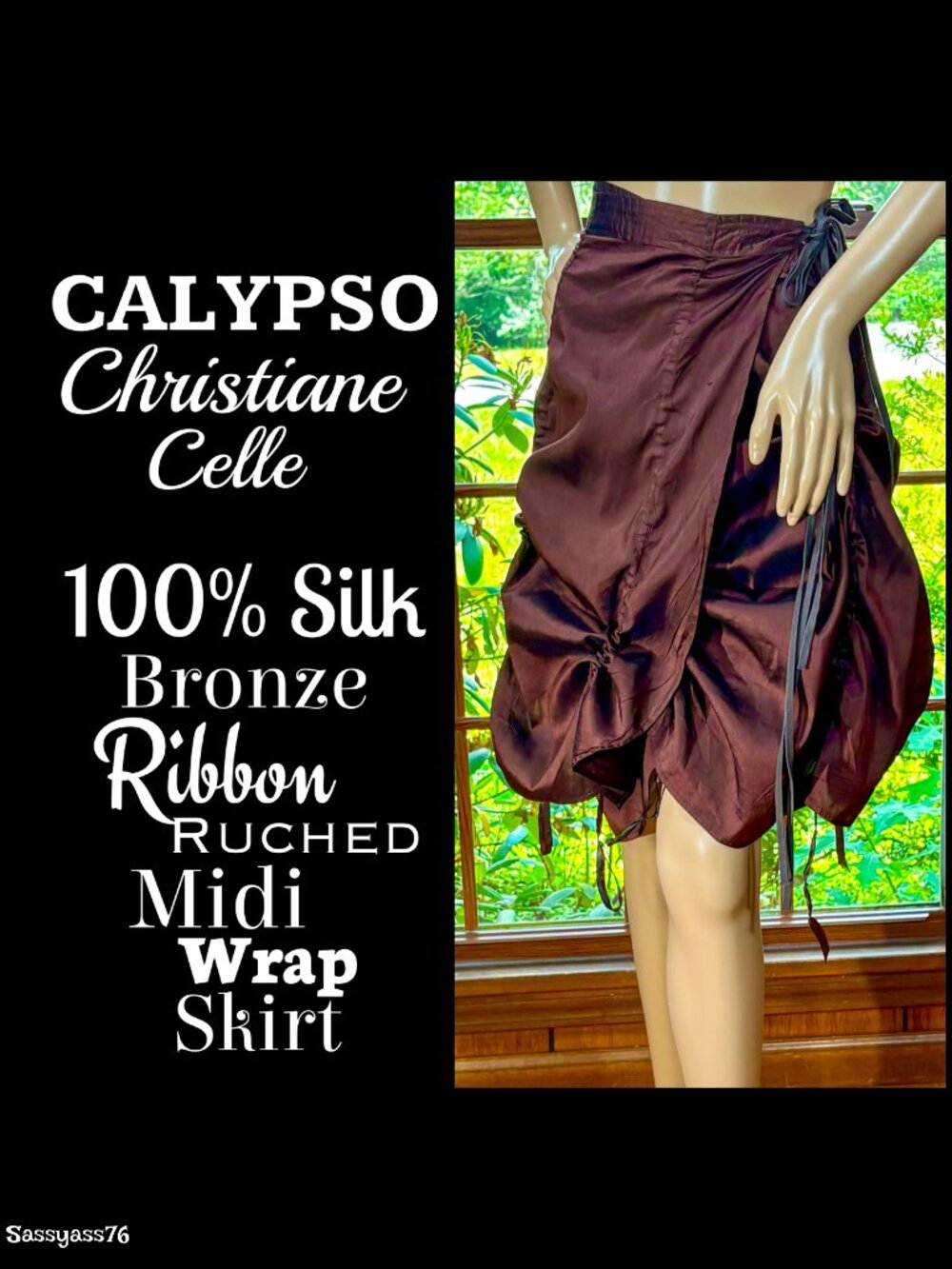 🆕CALYPSO CHRISTIANE CELLE▪️100% Silk Bronze Ribbon Ruched Midi Wrap Skirt